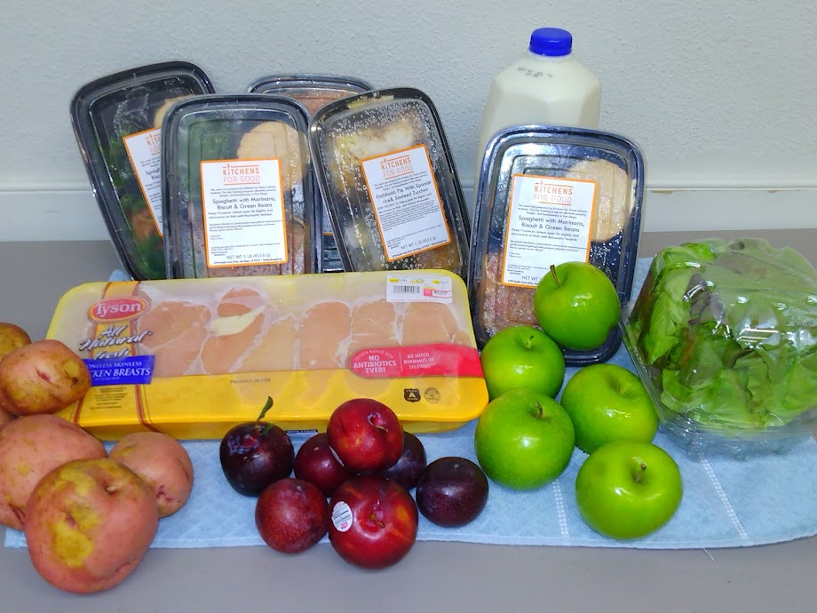 Fresh groceries including apples, chicken, and milk on a kitchen counter.